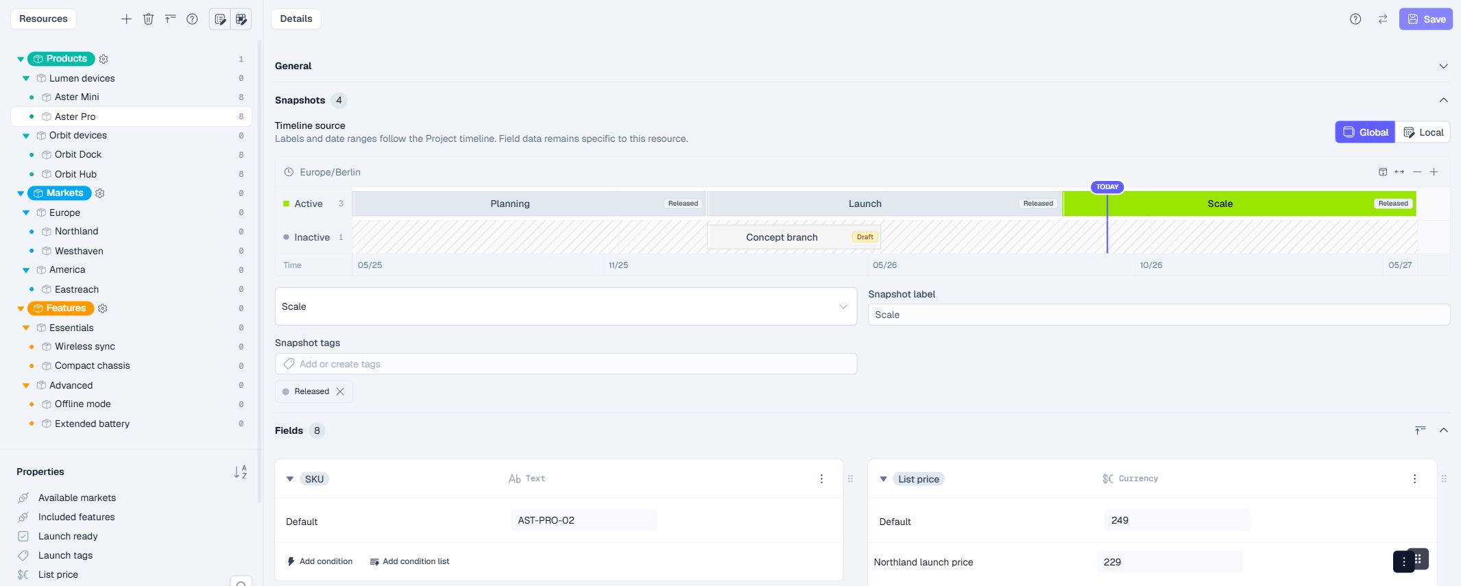 The fictional Product Atlas resource tree beside Aster Pro's Details and shared snapshot timeline.